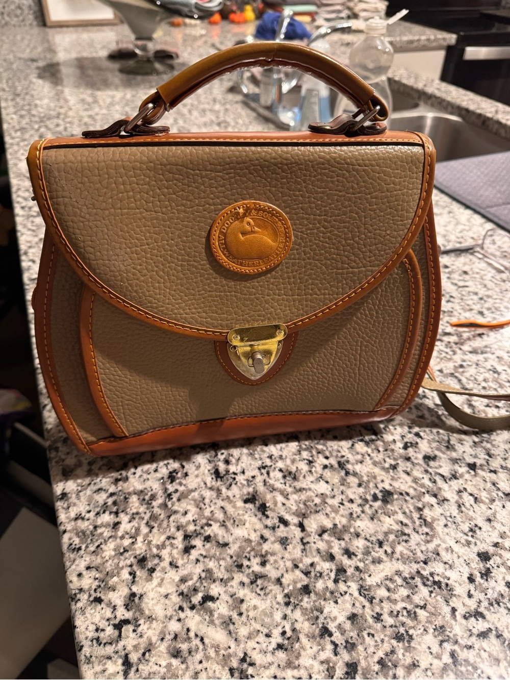 Vintage Dooney and Burke Pebbled Satchel in Taupe with Tan Trim